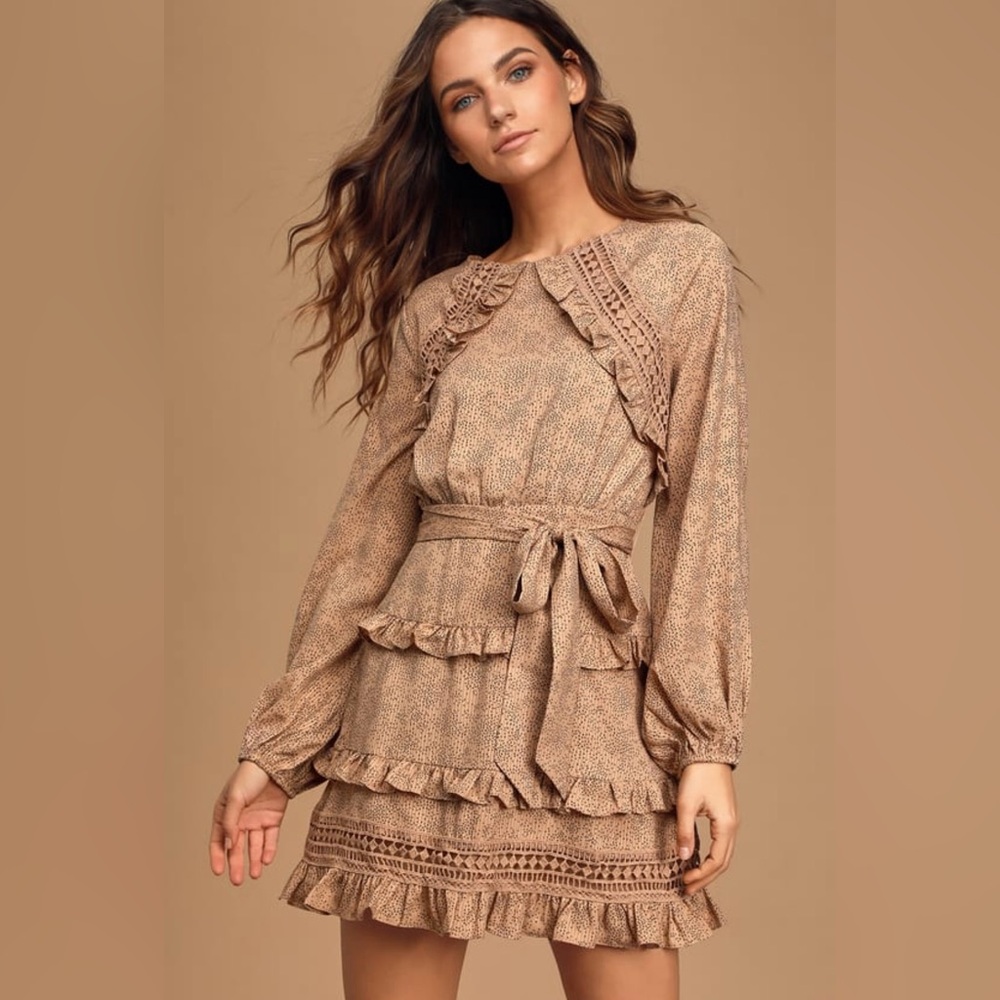 Lulu’s Kiss Me Goodnight Tan Polka Dot Ruffled Long Sleeve Mini Dress, Size Med